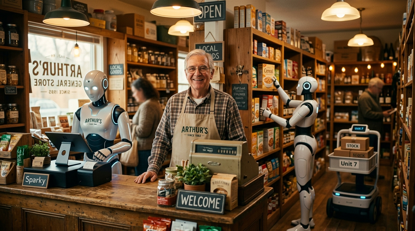 Local business owner surrounded by his friendly digital AI robot workforce team