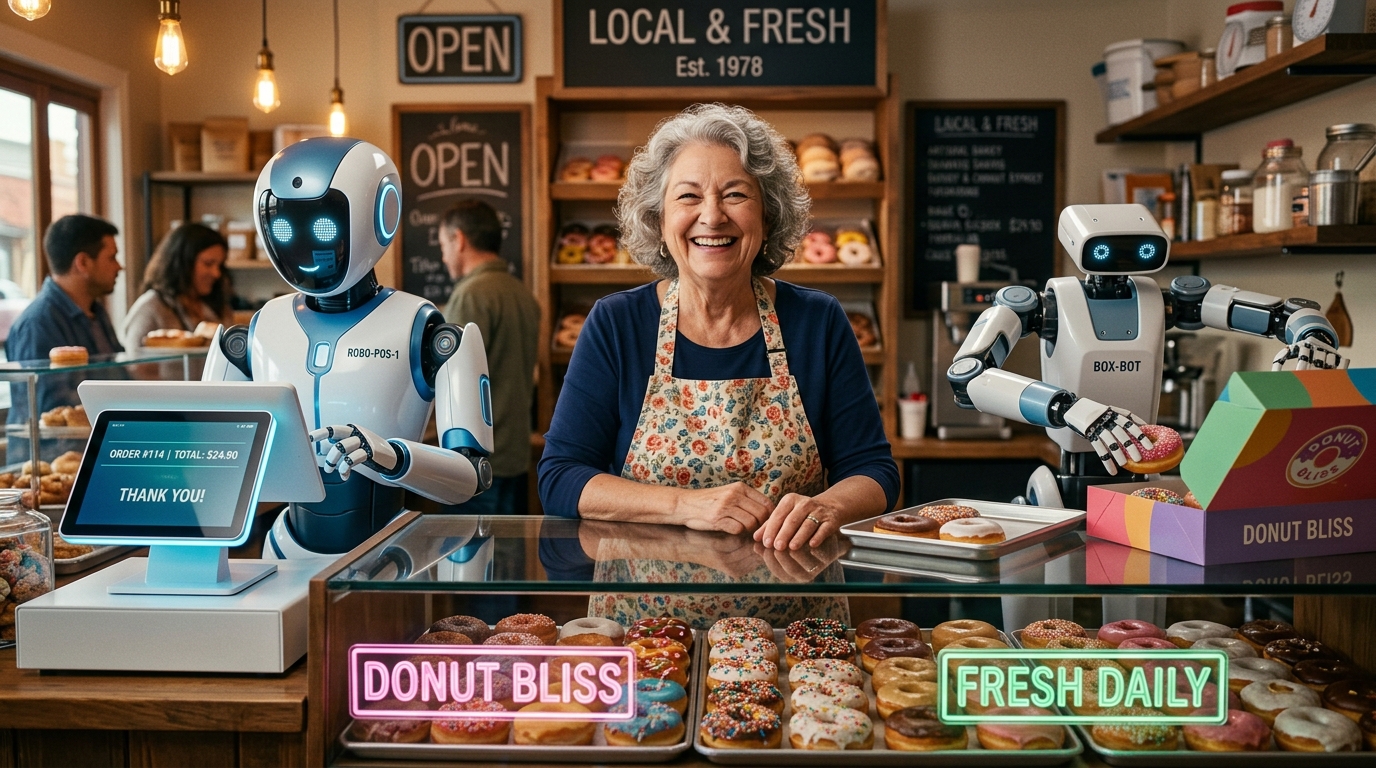 Local donut shop owner assisted by her DMundos digital AI team