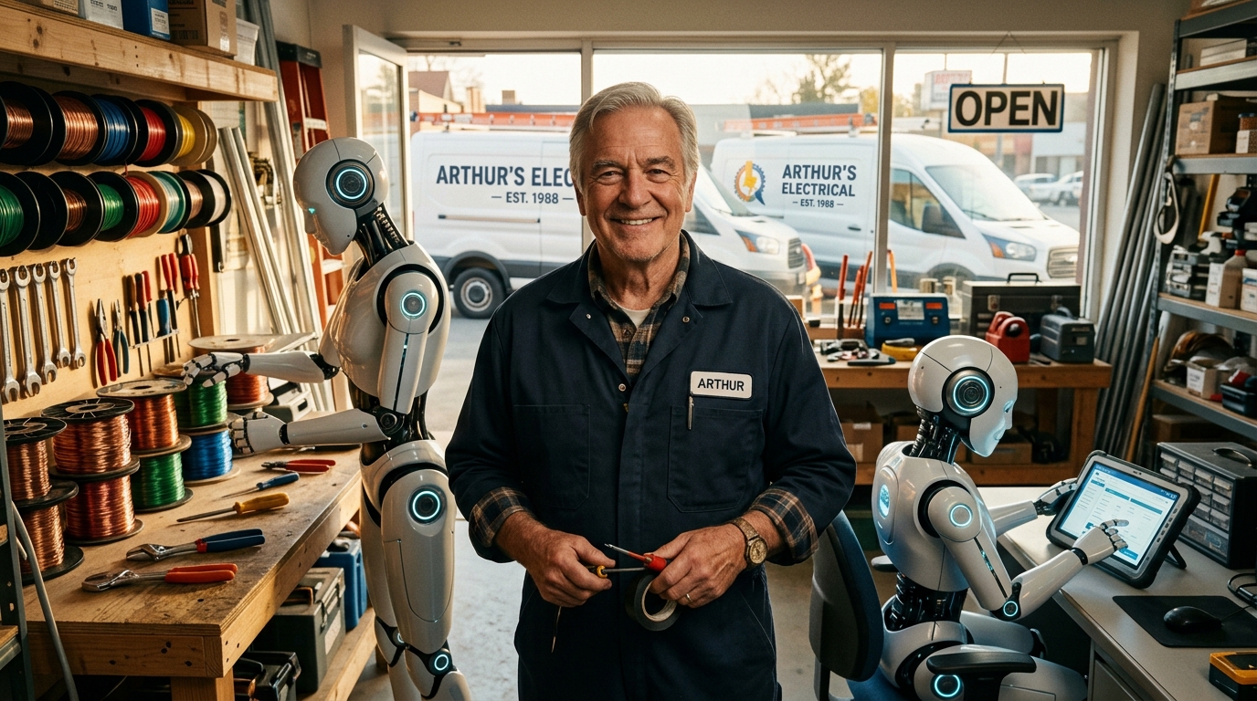 Local electrical business owner with his digital AI team