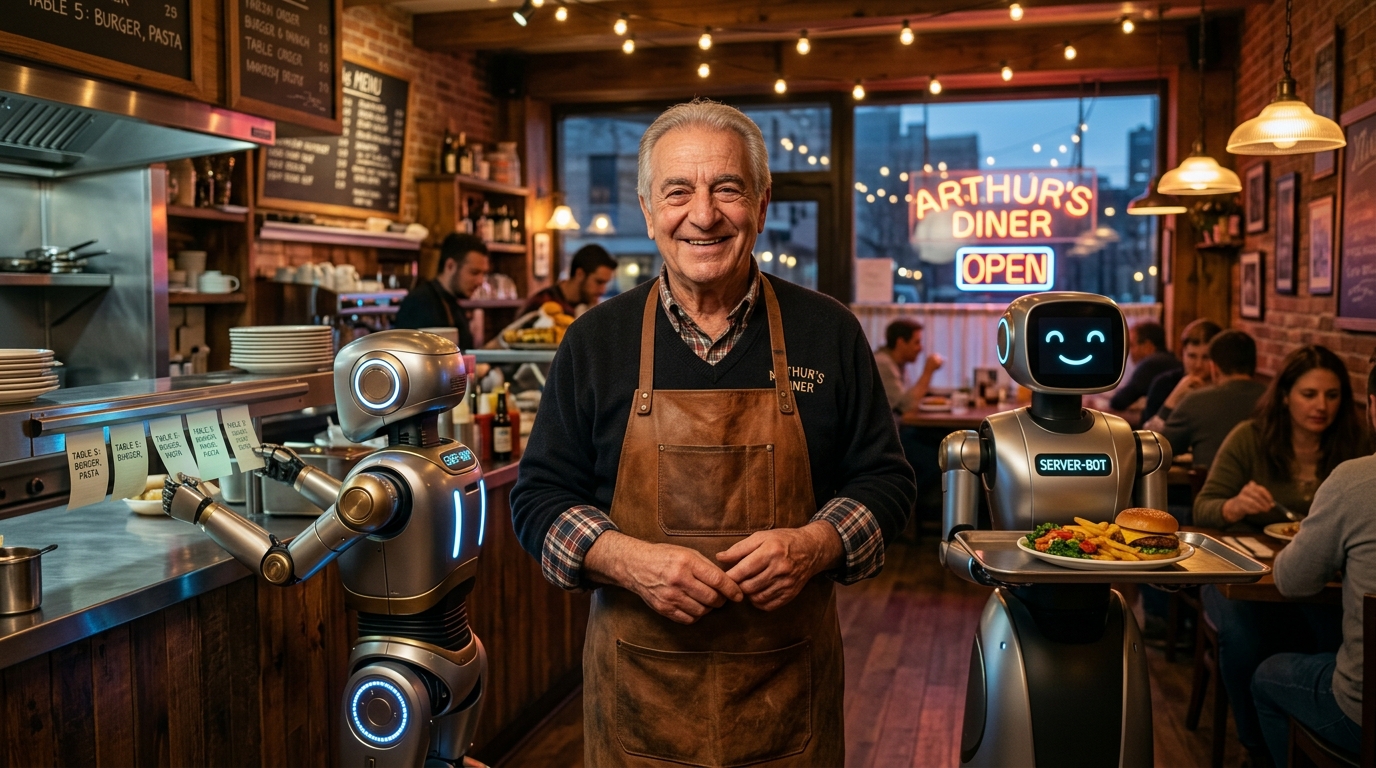 Local restaurant owner assisted by his DMundos digital AI team